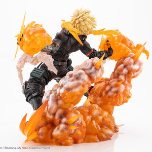 Side profile angle showing detailed explosion smoke plume base and cross-shaped blast effects on Katsuki Bakugo figure.