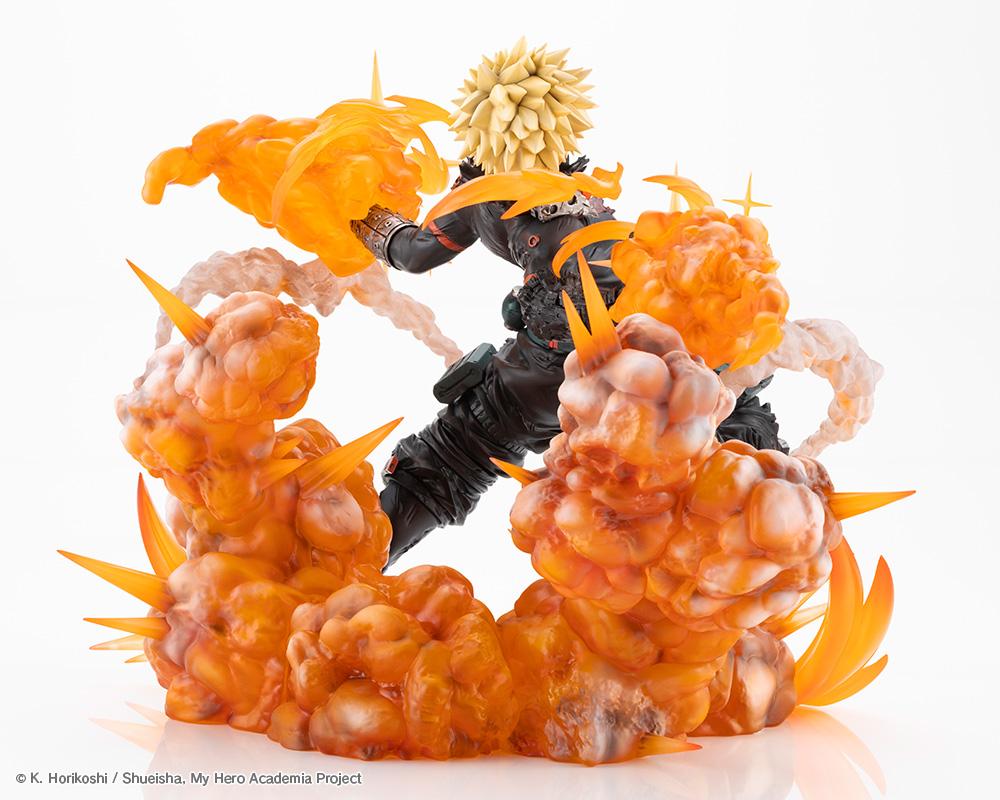Three-quarter rear perspective displaying the dynamic sculpt and massive explosion cloud base of the Katsuki Bakugo figure.