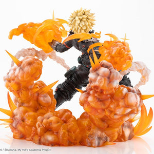 Three-quarter rear perspective displaying the dynamic sculpt and massive explosion cloud base of the Katsuki Bakugo figure.