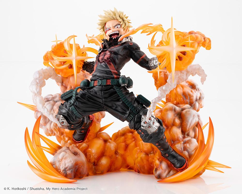 Kotobukiya ARTFX J 1/8 scale Katsuki Bakugo Final Season figure in awakened battle pose surrounded by orange explosion effects on white background.