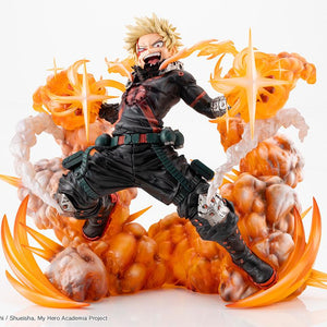 Kotobukiya ARTFX J 1/8 scale Katsuki Bakugo Final Season figure in awakened battle pose surrounded by orange explosion effects on white background.