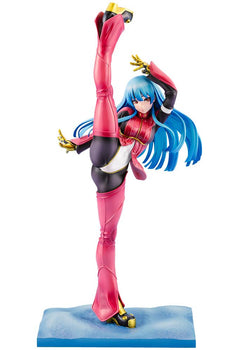 Front view of Kotobukiya Bishoujo Kula Diamond 1/7 scale statue from The King of Fighters XV striking a high kick pose on a white background.