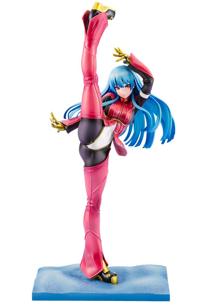 Front view of Kotobukiya Bishoujo Kula Diamond 1/7 scale statue from The King of Fighters XV striking a high kick pose on a white background.