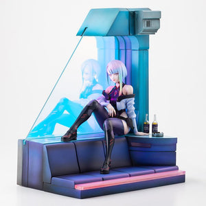 Kotobukiya Cyberpunk: Edgerunners Lucy 1/7 scale figure seated on room sofa diorama base with unlit Aurora Finish window panel.