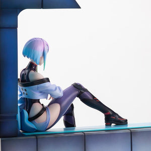 Low-angle rear view of Lucy figure looking out the window ledge showing hair sculpt and cropped jacket details.