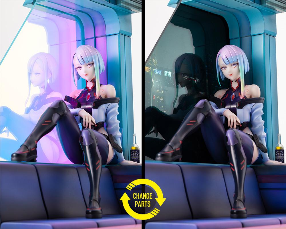 Side-by-side comparison diagram showing interchangeable Aurora Finish and Night View city skyline window panels.
