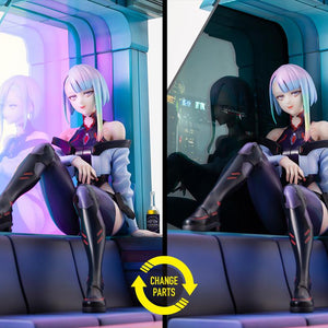 Side-by-side comparison diagram showing interchangeable Aurora Finish and Night View city skyline window panels.