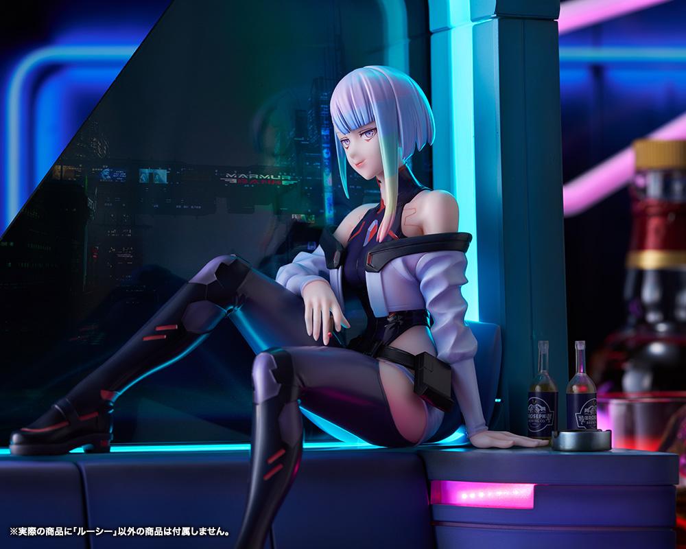 Wide cinematic shot of Lucy relaxing on window diorama couch surrounded by cyberpunk ambiance.