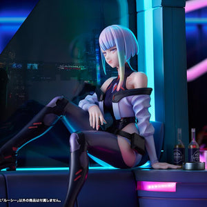 Wide cinematic shot of Lucy relaxing on window diorama couch surrounded by cyberpunk ambiance.