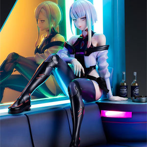 Front medium shot of Lucy seated on glowing sofa base with colorful neon reflection on Aurora panel.