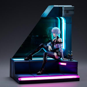 Lucy scale figure with illuminated LED diorama base featuring the Night City skyline window panel.