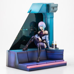 Kotobukiya Lucy 1/7 scale figure displayed on room diorama base with Night View city skyline window panel.