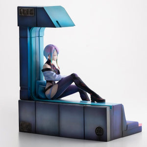 Right side profile perspective of Lucy 1/7 scale figure seated by the room window column structure.