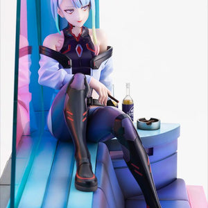 High-angle view of Lucy seated on diorama sofa holding a cigarette next to table with ashtray and Broseph drinks.
