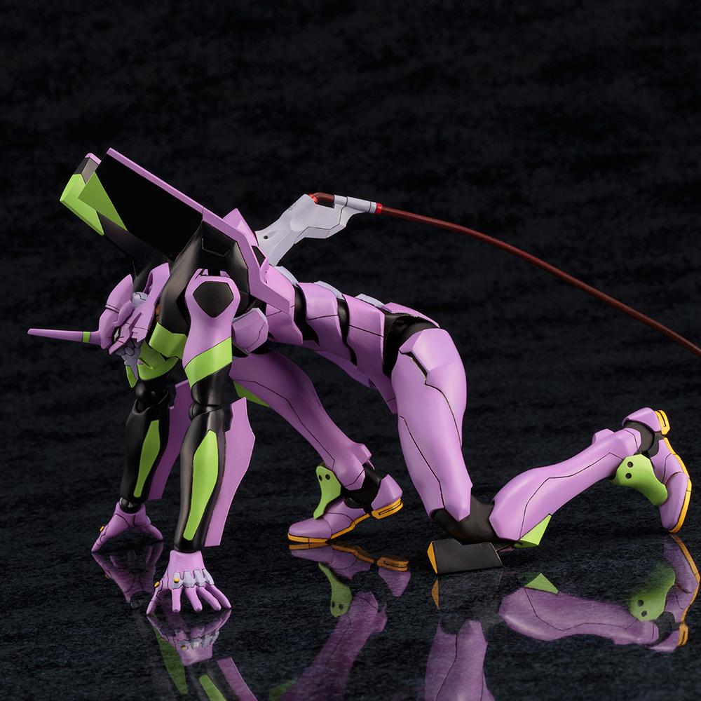 Four-legged crawling pose of the Kotobukiya Evangelion EVA-01 model kit with the red umbilical cable attached to its back.