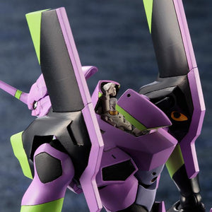 Close-up view of the upper back armor on the Kotobukiya Evangelion EVA-01 model kit showing the open entry plug hatch mechanism.