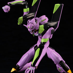 Highly articulated Kotobukiya Evangelion EVA-01 Test Type model kit executing a dynamic three-point ground landing pose.