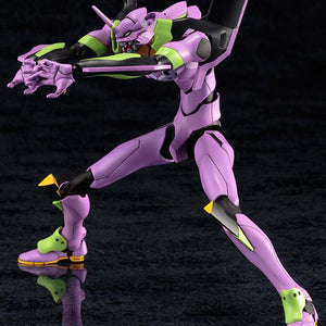 Dynamic action pose of Kotobukiya EVA-01 Test Type model kit charging forward with open hands against a dark background.