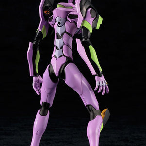 Rear view of the Kotobukiya Evangelion EVA-01 Test Type TV Version model kit highlighting back armor plates and shoulder binders.