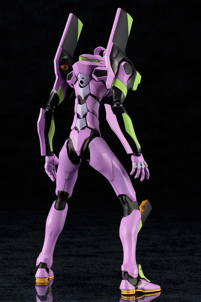 Rear view of the Kotobukiya Evangelion EVA-01 Test Type TV Version model kit highlighting back armor plates and shoulder binders.