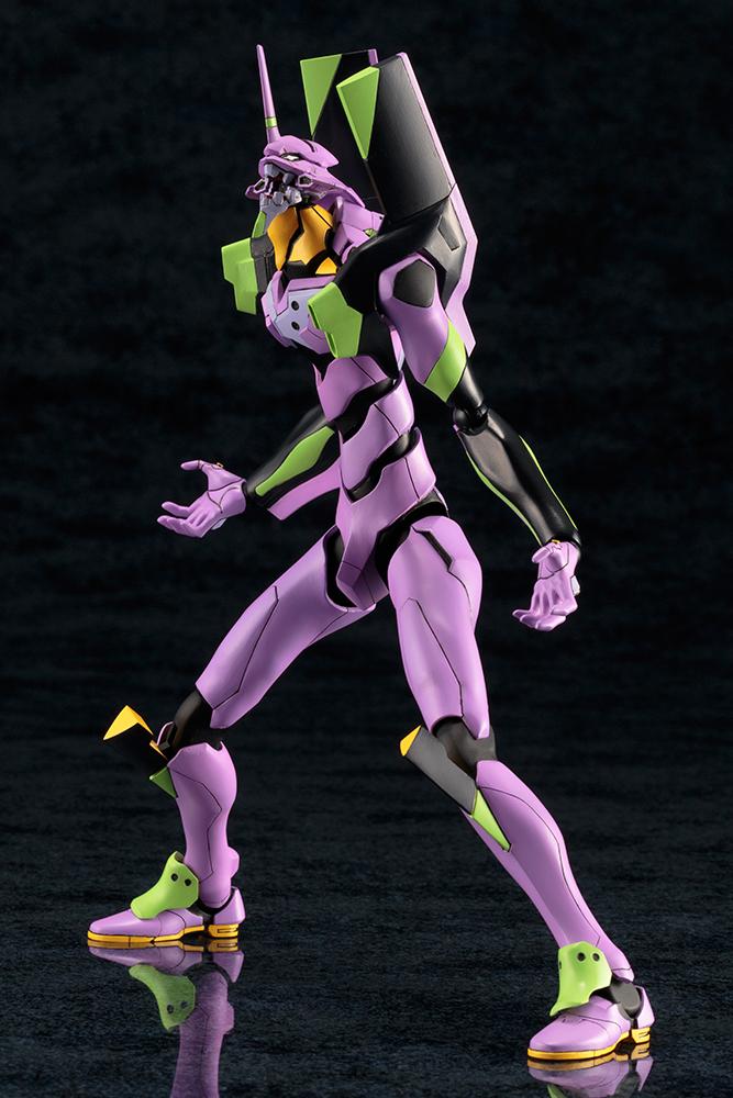 Profile shot of Kotobukiya Neon Genesis Evangelion EVA-01 model kit looking upward with its jaw open in a berserk roar.