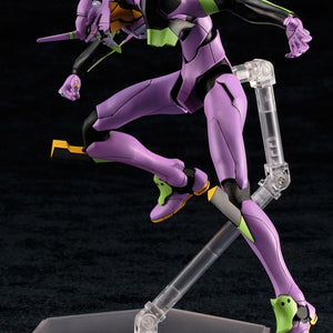 Mid-air jumping pose of the Kotobukiya EVA-01 TV Version model kit displayed on a clear plastic action stand.