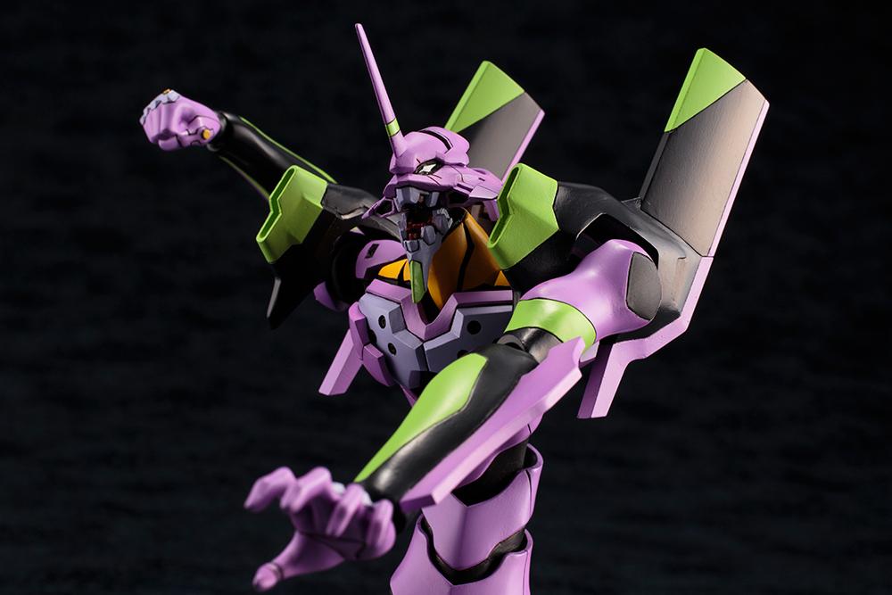 Close-up action shot of Kotobukiya EVA-01 Test Type TV Version model kit screaming with an open jaw in berserk mode.