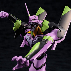 Close-up action shot of Kotobukiya EVA-01 Test Type TV Version model kit screaming with an open jaw in berserk mode.