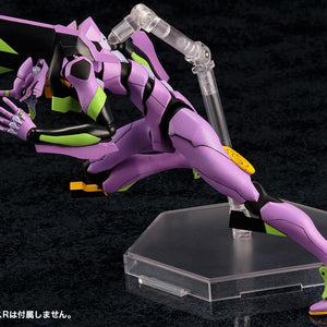 Low profile crouching dash pose of the purple Kotobukiya EVA-01 Test Type plastic model kit supported by a clear base.
