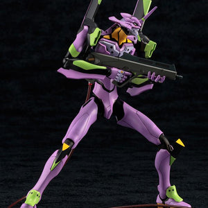 Standing combat ready pose of the Kotobukiya Evangelion EVA-01 model kit holding the Pallet Rifle weapon with the umbilical cable attached.