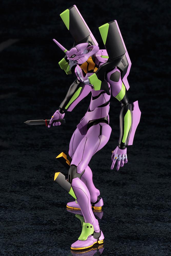 Kotobukiya Neon Genesis Evangelion EVA-01 TV Version model kit standing while holding the Progressive Knife weapon accessory.