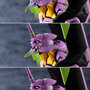 Three-panel vertical comparison image demonstrating the progressive open-mouth jaw articulation for the Kotobukiya EVA-01 model kit's berserk state.