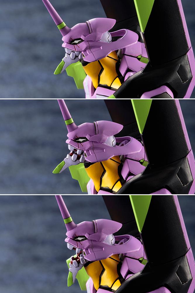 Three-panel vertical comparison image demonstrating the progressive open-mouth jaw articulation for the Kotobukiya EVA-01 model kit's berserk state.