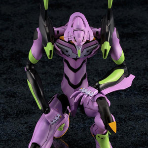 High-angle front view of the purple Kotobukiya EVA-01 Test Type model kit in a dramatic kneeling pose.
