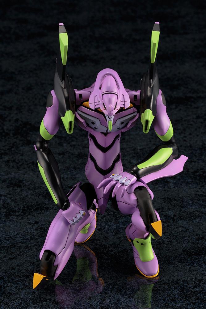 High-angle front view of the purple Kotobukiya EVA-01 Test Type model kit in a dramatic kneeling pose.