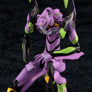 Side-angle view of the Kotobukiya Neon Genesis Evangelion EVA-01 TV Version model kit kneeling on a dark surface.