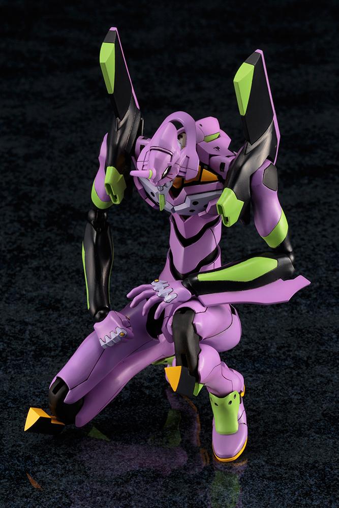 Side-angle view of the Kotobukiya Neon Genesis Evangelion EVA-01 TV Version model kit kneeling on a dark surface.