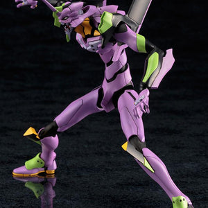 Side-view action shot of the highly articulated Kotobukiya Evangelion EVA-01 plastic model kit in a mid-run combat stance.