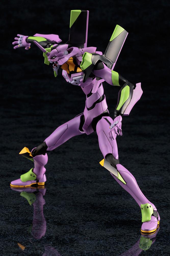 Side-view action shot of the highly articulated Kotobukiya Evangelion EVA-01 plastic model kit in a mid-run combat stance.