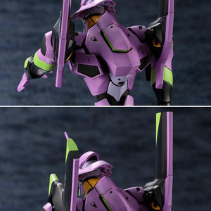 Two-panel close-up image displaying the articulated shoulder storage expansion parts opening on the Kotobukiya EVA-01 model kit.