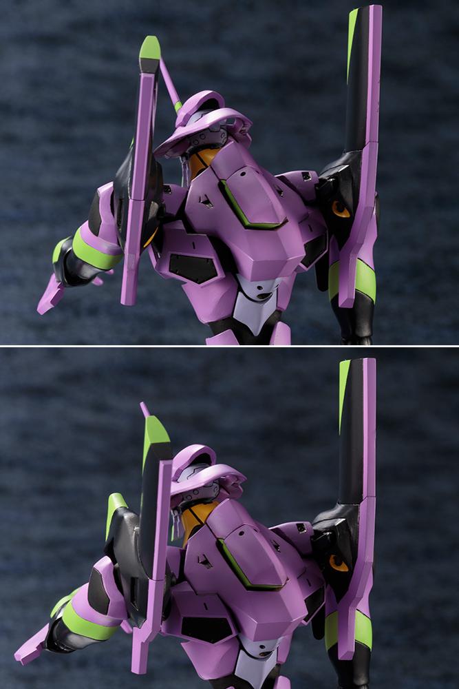 Two-panel close-up image displaying the articulated shoulder storage expansion parts opening on the Kotobukiya EVA-01 model kit.