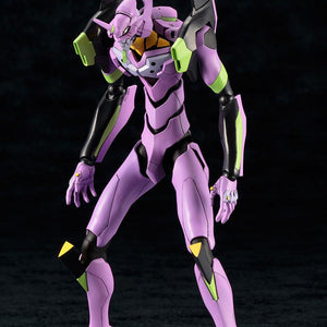 Fully assembled purple and green Kotobukiya EVA-01 Test Type model kit in a wide, dynamic ready stance.