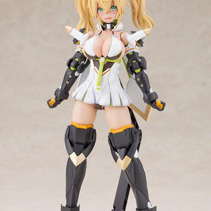 Full body front view of the Phantasy Star Online 2 es Grande Gene model kit utilizing the alternative flustered face expression, standing on a circular black base.