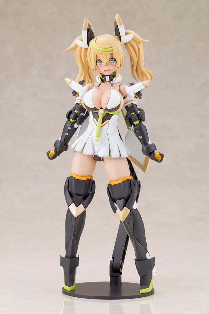 Full body front view of the Phantasy Star Online 2 es Grande Gene model kit utilizing the alternative flustered face expression, standing on a circular black base.