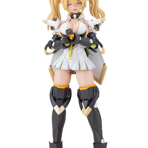 Full body front view of the Kotobukiya Grande Scale Phantasy Star Online 2 es Grande Gene Stellatears Version model kit, showing the blonde anime girl figure in her white and green outfit with black mechanical legs, smiling with eyes closed.