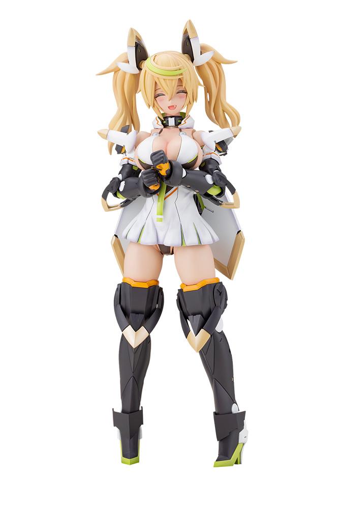 Full body front view of the Kotobukiya Grande Scale Phantasy Star Online 2 es Grande Gene Stellatears Version model kit, showing the blonde anime girl figure in her white and green outfit with black mechanical legs, smiling with eyes closed.