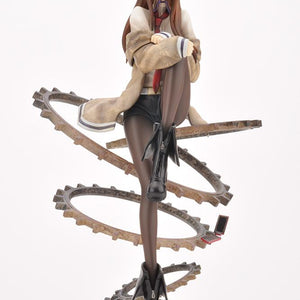 Three-quarter front view of Kotobukiya Kurisu Makise scale figure showing her brown jacket, necktie, and tights