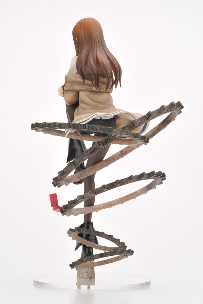 Rear view of Kotobukiya Steins;Gate Kurisu Makise figure displaying hair sculpt and flowing jacket back