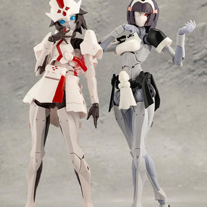 Kotobukiya Megalomaria Novice standing side-by-side with compatible series character Ruby Eye.
