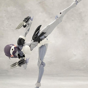 Side view showcasing superior leg articulation with Kotobukiya Megalomaria Novice executing a vertical high kick.